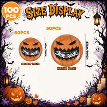 10/30/50 Piece Set /Retro Orange Jack O Lantern Pumpkin Face 7/9 Inch Round Paper Plates And Cups Set,Pumpkin Graphic Detail For Fast Table Setup,Disposable Paper Tableware For Halloween Party,Spooky Season,Dessert Table,Outdoor Picnic,Camping BBQ - Multicolor - View 12