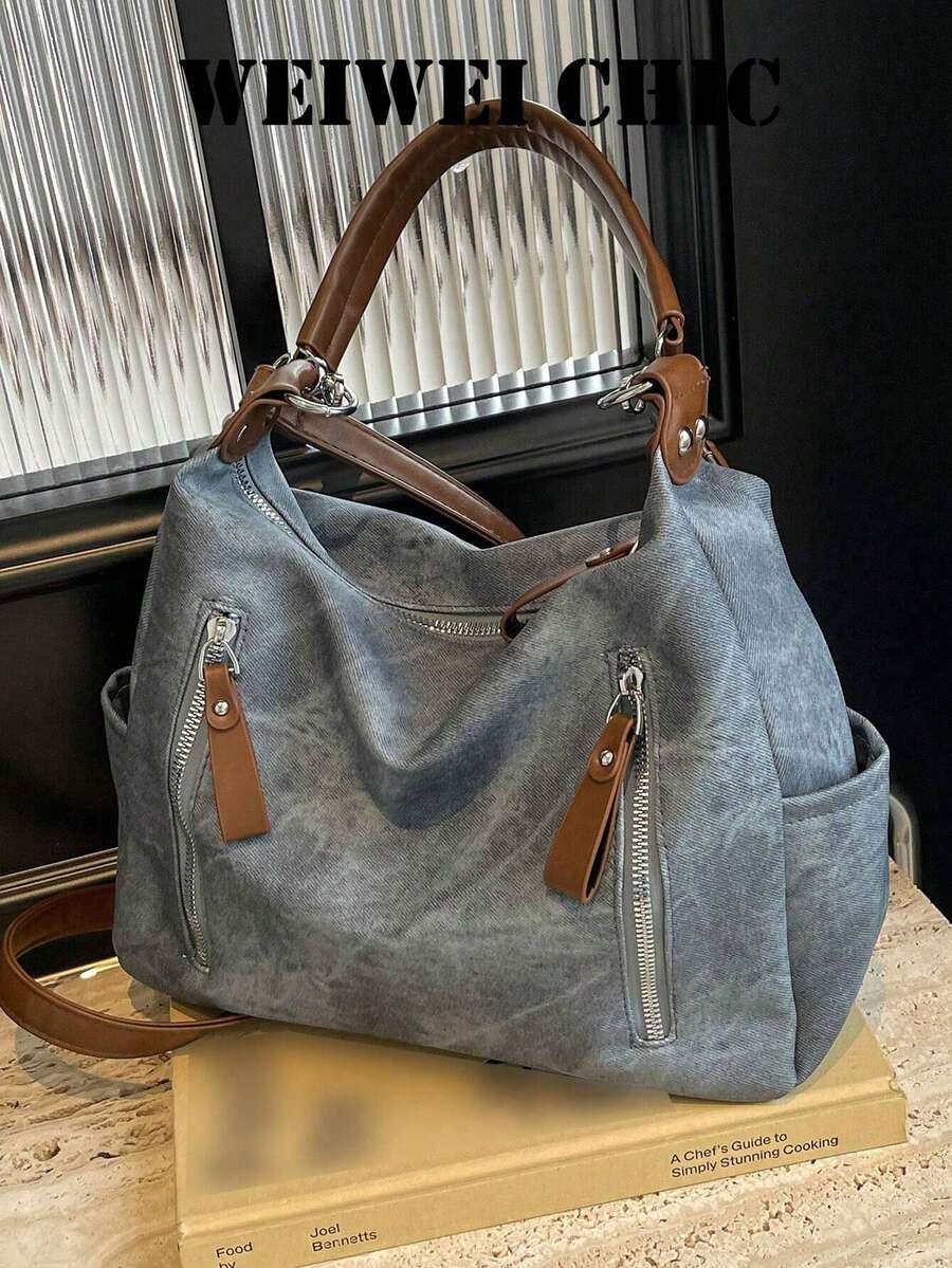 Bolsa Hobo Texturizada com Alças de PU Marrom Contrastante, Alça Transversal Destacável, Bolsos Laterais com Zíper Duplo, Grande Capacidade, Bolsa de Ombro para Uso Diário e Deslocamento - Azul - Visão 1