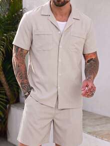2pcs Men's Solid Color Faux Linen Cuban Collar Double Pocket Short Sleeve Button-Up Shirt And Shorts Set, Summer Beach Vacation Casual Outfit - Apricot - View 2