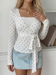 Sunny Girly Fall Y2K White Polka Dot V Neck Tie Waist Long Sleeve Tee, Slim Daily Top Perfect For Back To School Casual - White - View 6