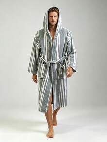 Grey and White Striped Hooded Bathrobe