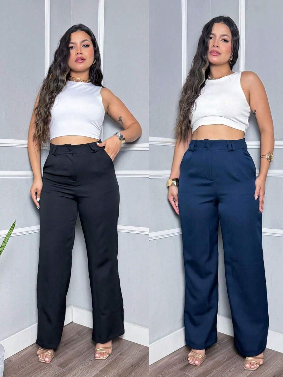 Kit Of 2 Women's Tailored Wide Leg High-Waisted Straight-Leg Trousers, Elegant Office Casual Pants With Pockets - 黑色和海軍藍套裝 - 查看 1
