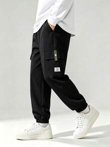2pcs Boys Casual Long Pants Spring/Autumn, Army Green + Black Cargo Joggers, Double Side 3D Snap Button Pockets, Daily Commute & Sports Wear - Multicolor - View 8