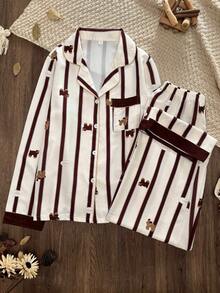 Women's Striped Pajama Set, Cute Cartoon Cat & Dog Print Long Sleeve Pajamas, Soft & Breathable Button-Up Loungewear Sleepwear Set - Multicolor - View 1