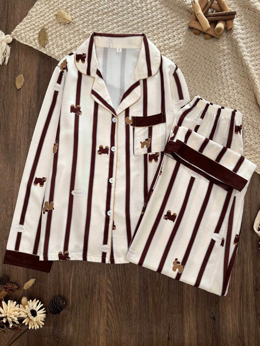 Women's Striped Pajama Set, Cute Cartoon Cat & Dog Print Long Sleeve Pajamas, Soft & Breathable Button-Up Loungewear Sleepwear Set - Multicolor - View 1