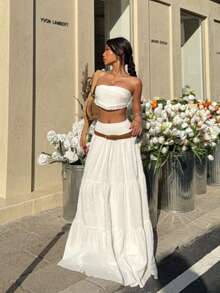 Women's Fashion Vacation Elegant Bohemian Shirred Waist Beach Evening Date Vacation Skirt White Summer - White - View 3