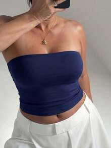Women's Plus Size Summer Sexy Fitted Knit Tube Top Solid Color - Navy Blue - View 5