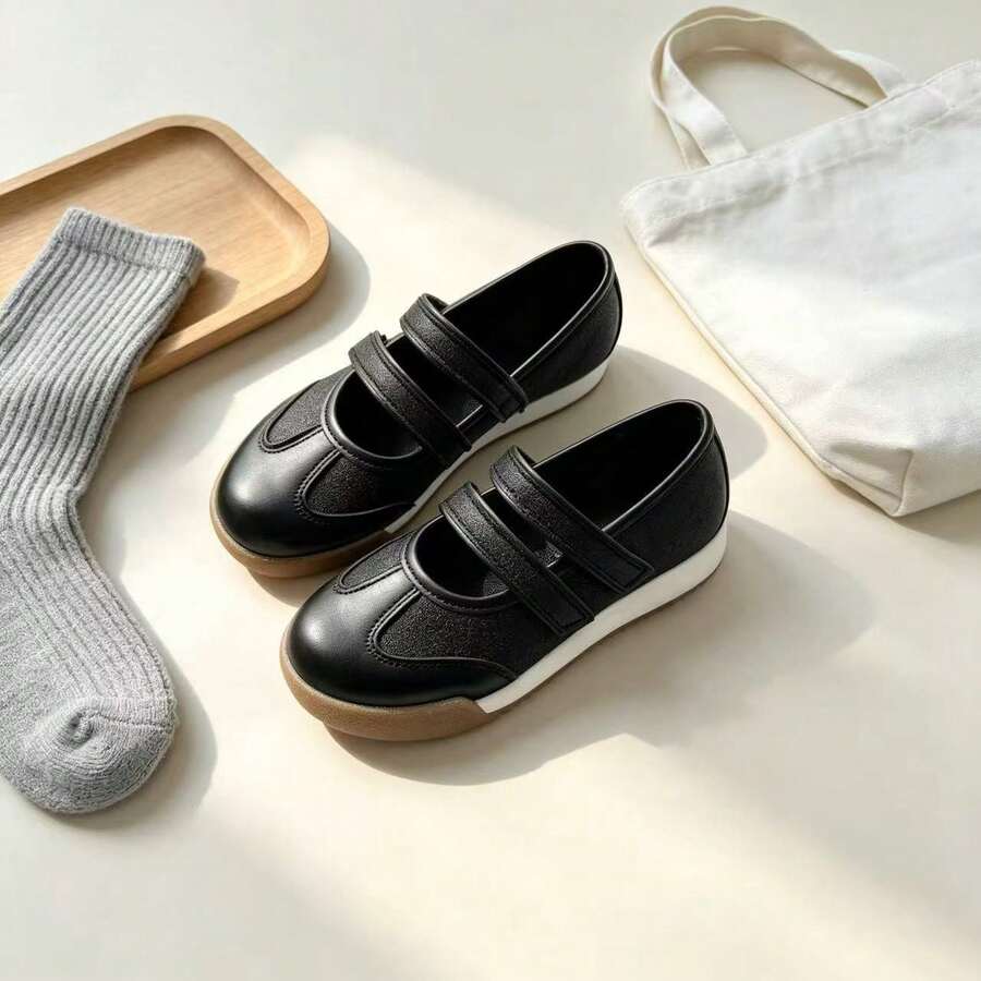 1 Pair Girls' Double Strap Minimalist Flat Shoes, Dual-Color Sole, Casual School Daily Wear - Black - View 1