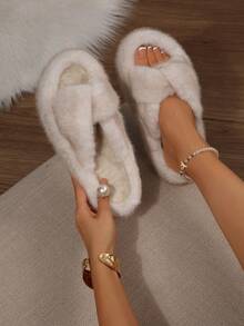 Women's Thick Sole Plush Slippers, Autumn/Winter Indoor/Outdoor Fuzzy Slippers, Height-Increasing Non-Slip Casual Slippers,Fluffy Slippers - Beige - View 2