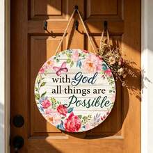 1pc Watercolor Pink Floral Butterfly Round Front Door Hanging Decor, White Wood Grain, With "God Can Do All Things" Faith Quote Wooden Wall Plaque - A - View 1