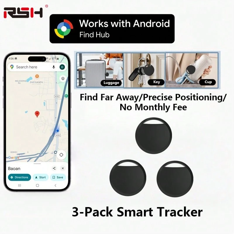 RSH 3pcs Smart Tags Compatible With Android, Smart Wireless GPS Tracker, Location Tracker For Cats, Dogs, Wallets, Elderly And Valuable Items, Wireless Air Tracker, Compatible With Android Find Hub