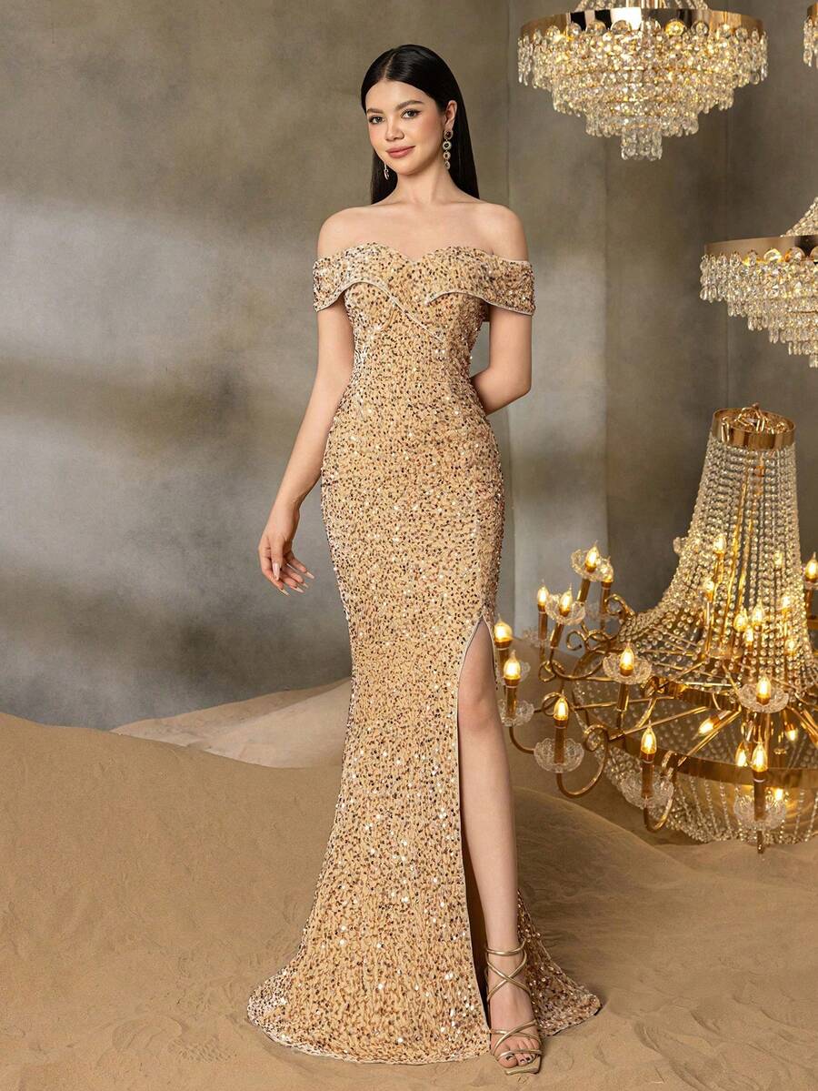 Alisa&Leo Sequined Evening Gown – Off-Shoulder Neckline, High-Leg Slit & Mermaid Train – Formalwear For Galas & Proms - Champagne - View 1