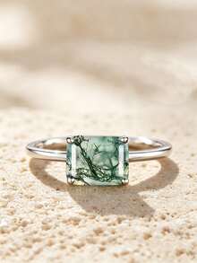 Elegant 925 Sterling Silver Square Agate Ring, Ladies Engagement/Wedding Anniversary Birthday Gift, Premium Fine Jewelry - Green - View 8