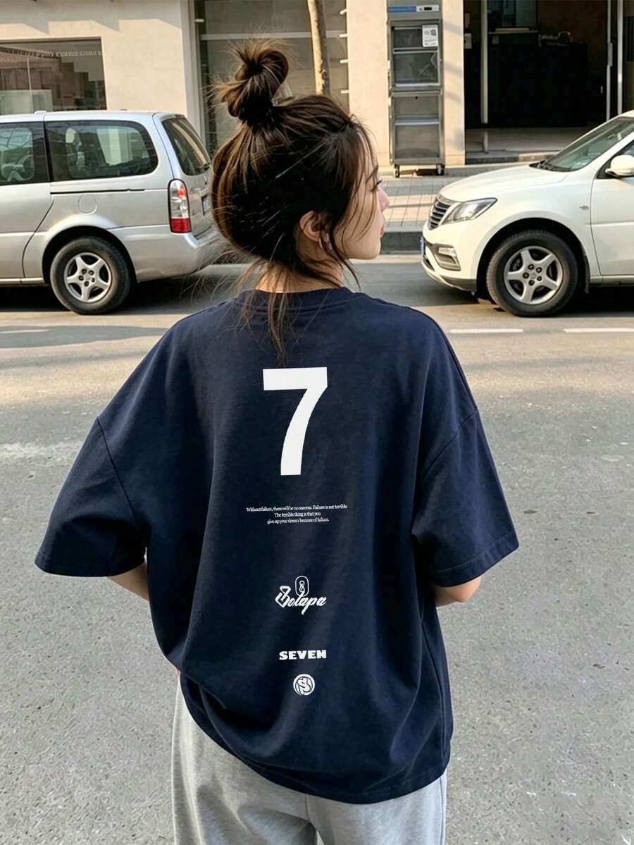 女款時尚寬鬆圓領休閒字母印花短袖T恤,夏季 - 藏蓝色 - 查看 1