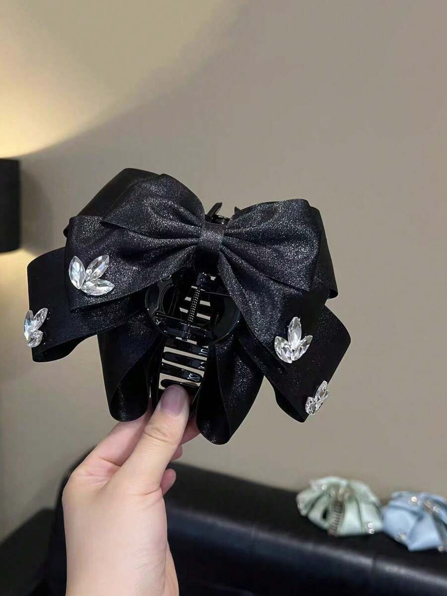 New Versatile Fashionable Satin Bow Ribbon Hair Clip For Women, Elegant Back-Of-Head Rhinestone Top Hair Claw, Cute ABS Plastic Hair Accessory, Suitable For All Seasons - Multicolor - View 1