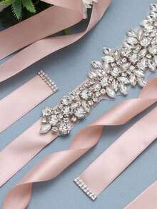 1 pieza Cinturón nupcial de mujer con aplique de diamante y cinta de satén de aleación de plata, accesorio para ceremonia de boda, decoración de cintura para la novia - Blanco - Ver 8