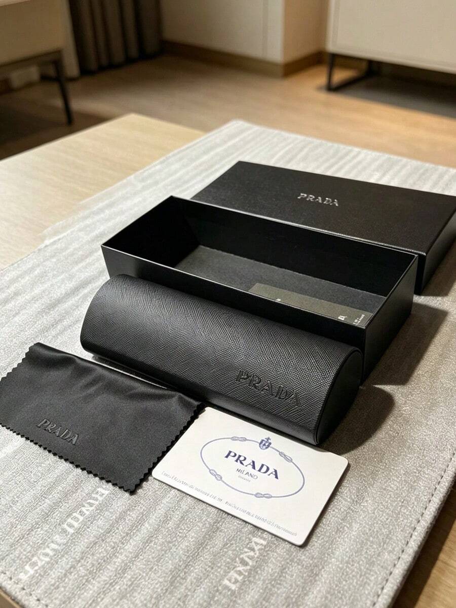 Prada Elegant Fashion Black Saffiano Leather Eyeglass Case, Premium Luxury Sturdy Hard Box Texture Eyewear Storage Protective Sleeve, Embossed Logo Minimalist Label Design, High-End Unisex Gift For Women And Men, Perfect For Daily Commute, Travel And Outdoor Use Full Gift Set - Black - View 1