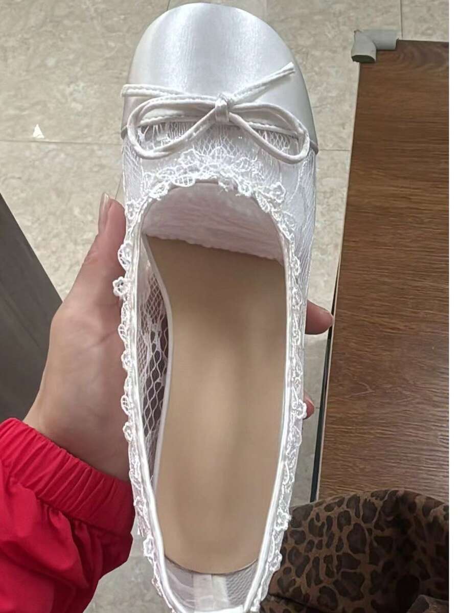 Gentle Princess Style Wedding Shoes Bridesmaid Shoes Lace Mesh Ruffle Bow Ballet Mary Jane Women's Shoes Slimming Foot Crystal Transparent Heel Breathable Versatile