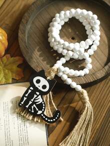 1PC Halloween Skeleton Black Cat White Bead Tassel Garland Spooky Gothic Mantel Fireplace Shelf Door Window Decor Indoor Outdoor Bar Cafe Holiday Party Entryway Gallery Front Porch Photo Backdrop Wall Hanging Ornament Decoration - Style 1 - View 3