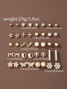 20 Pairs Fashion Minimalist English Letter Heart Bow Flower Snowflake Multi- Combination Earrings Set For Women, Suitable For Daily Wear, Casual, Party And Outing - Yellow Gold - View 5