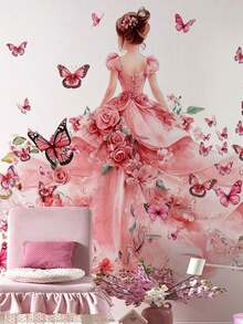 4pcs/Set Pink Silhouette Girl Butterfly Romantic Rose Wall Decal Stickers, Removable Room Decor For Bedroom, Living Room, Girls' Kids Room - 4pcs - View 3