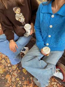 Women's Blue Fuzzy Knit Cardigan, Collared Button Front Long Sleeve Sweater, Relaxed Fit Cropped Length, Cozy Casual Layer For Fall Winter - Blue - View 5