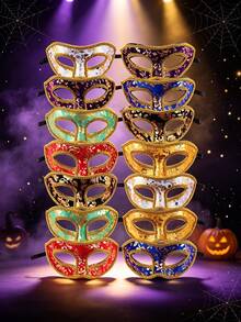 14pcs/12pcs/7pcs/6pcs/1pc Elegant Venetian Masquerade Masks, Sparkling Half Face Masks, Perfect For Performance, Unisex, Cosplay And Halloween Party, Carnival And Christmas Party - Adjustable Ribbon Design - Gold-stamped Cloth Mask - View 4