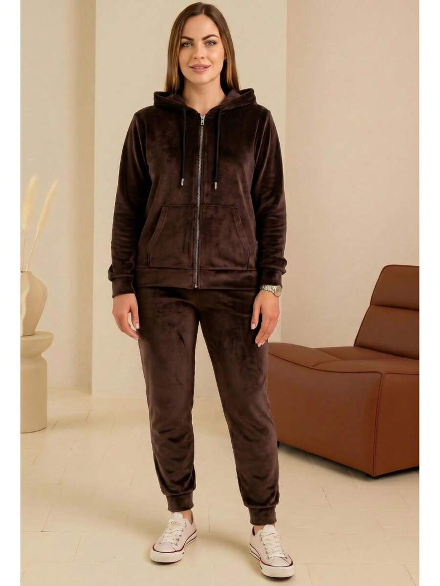 Women's Velour Tracksuit Set – Zip Hoodie With Pockets And Jogger Pants, Soft, Comfortable, Made In Poland - Coffee Brown - View 1