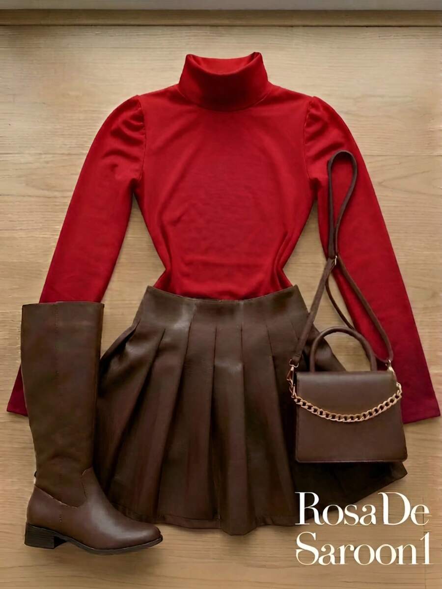 Set Of 2: Long Sleeve Suplex Bodysuit + Brown Faux Leather Skirt, São João Blogger Fashion 2027 - 紅色 - 查看 1