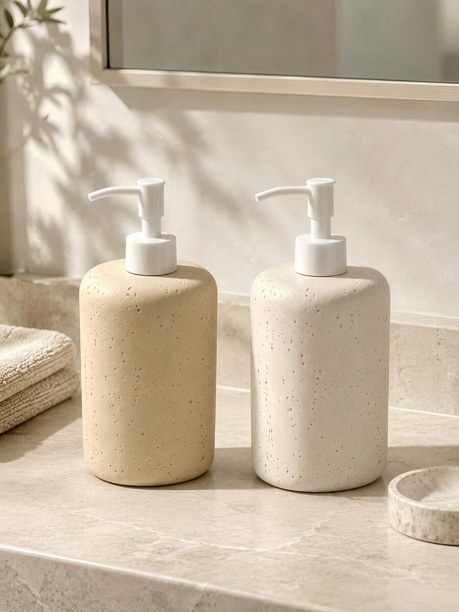 1pc Press-Type Soap Dispenser, Creamy Travertine-Style Texture, Square Or Round Refillable Shampoo Dispenser, Neutral Earth-Tone Bathroom Accessory, Suitable For Shower Areas And Vanity Countertops. - White Pump Head - View 1