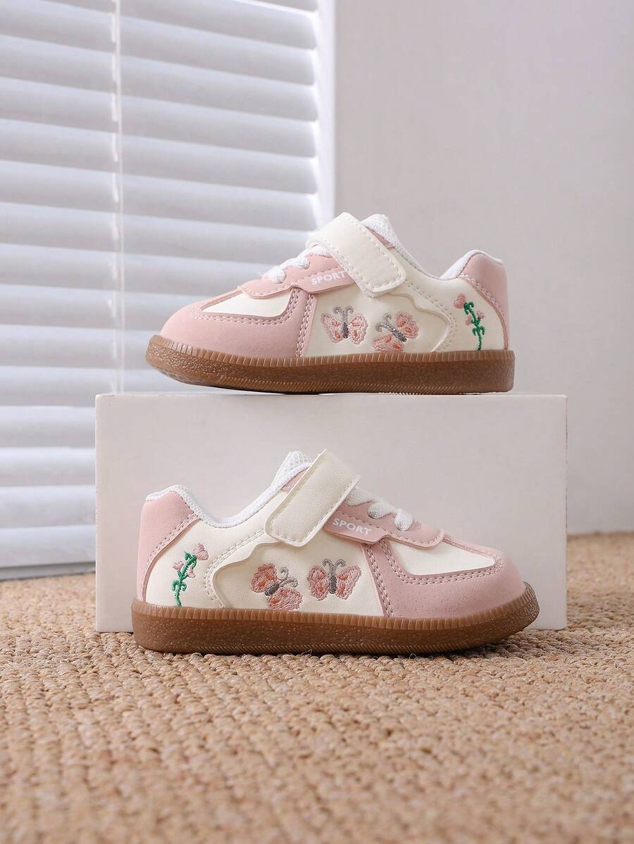 1 Pair Girls' Embroidered Hook & Loop Training Shoes, Spring/Autumn New Fashion Versatile Colorblock Sneakers - Pink - View 1