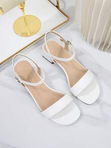 Sandal Wanita Hak Tebal dengan Bagian Belakang Terbuka, Sepatu Hak Sedang Modis Ukuran Plus dengan Ujung Terbuka dan Tali Belakang - Putih - View 6