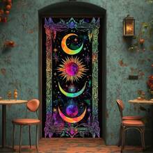 1pc Spiritual Sun And Moon Polyester Door Curtain, Vibrant Universe Design With Stars, Planets And Colorful Balls, Perfect For Porch, Party And Home Decor, Non-Electric, Party Backdrop - Multicolor - View 1
