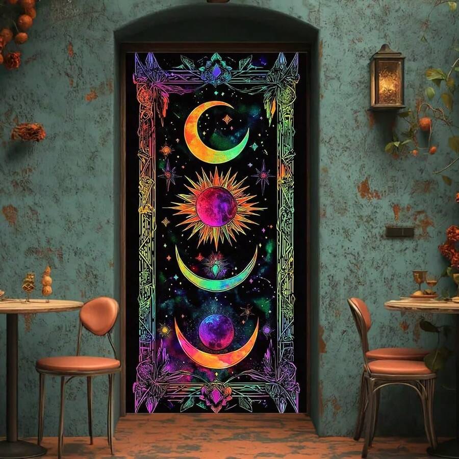 1pc Spiritual Sun And Moon Polyester Door Curtain, Vibrant Universe Design With Stars, Planets And Colorful Balls, Perfect For Porch, Party And Home Decor, Non-Electric, Party Backdrop - Multicolor - View 1