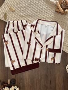 Women's Striped Pajama Set, Cute Cartoon Cat & Dog Print Long Sleeve Pajamas, Soft & Breathable Button-Up Loungewear Sleepwear Set - Multicolor - View 9