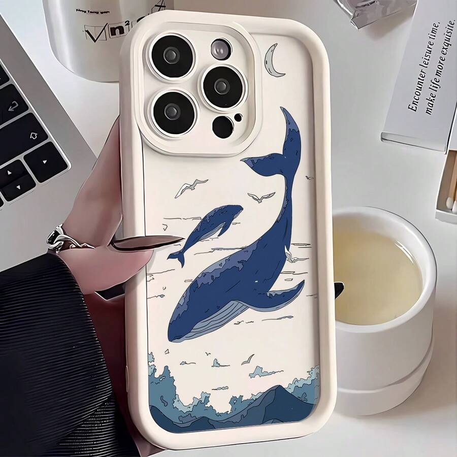 1pc [Pure Android Version] Flying Whale Personalized Marine Creature Fish Moon Mountain Landscape Painting Minimalist Creative Ins Style Innovative Minimalist Cute Cartoon European And American Style Flesh, Matte White Lens Frame Stepped Design Full Coverage Anti-Drop Soft Shell, [International Version Not Local Version] Suitable For Android/GALAXY/A/S/FE/PLUS/ULTRA/PRO/NOTE/POCO/X/Transsion/HOT/PLAY/SPARK/POP/SMART/RENO/Honor/E/G/Phone Case