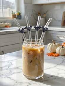 3PCS Halloween Glass Straw Transparent Tube With Bat Accents, Table Decor For Women's Leisure Drink Time, Lovely Small Gifts For Every Halloween Festive Occasion. - View 6