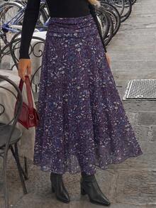 Women's All-Over Print Pleated Casual Versatile Daily Wear Skirt - Purple - View 4