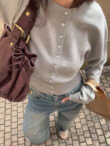 VIBEWAVE Light Gray Half-Open Single-Breasted Waist-Cinching Short Knit Cardigan Women's Minimalist Commuter Style Spring/Autumn Slim Fit Flattering Top - Grey - View 4