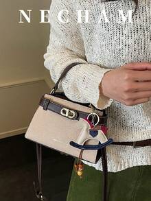 1件荔枝紋不對稱肩背包 小號斜挎包 復古極簡手提Kelly方包 女款 適合購物、上班、約會（不含吊飾） - 咖啡棕 - 查看 3