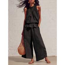 New Summer Casual Linen Two-Piece Women's Sleeveless Ruffled Wide-Legged Pants Suit - 黑色 - 查看 3