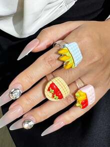 Juego de 3 anillos de resina con diseños lindos y coloridos de verduras: cesta, maíz, tomate y chile, set de anillos de dopamina coloridos de verano - Multicolor - Ver 7