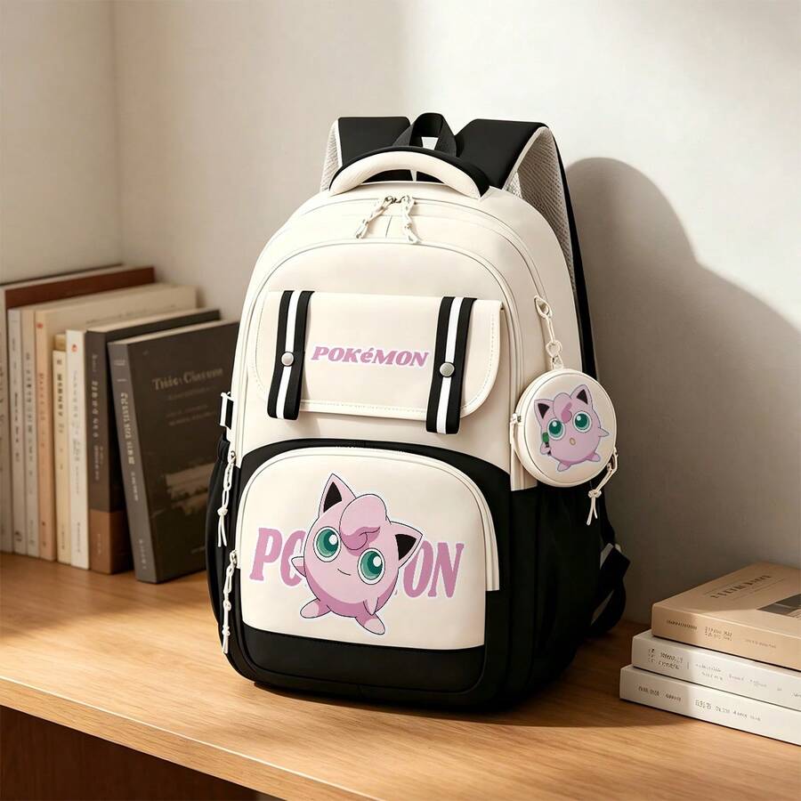 Miniso 2Pcs Jigglypuff Korean Backpack Set, Large Laptop Bookbag W Mini Coin Purse, Daypack For Schb2jtool Work Gym Hb2jtiking Shb2jtopping Daily Travel Week - Color 1 - View 1