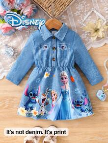 Disney Frozen & Stitch Autumn/Winter Denim-Effect Long Sleeve Dress With Elsa Princess & Stitch Dreamy Cartoon Pattern, Slight Stretch, Suitable For Girls' Daily Wear, Great Gift - Blue - View 1