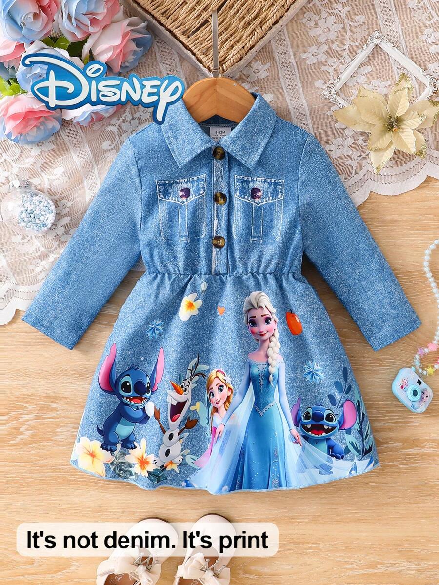 Disney Frozen & Stitch Autumn/Winter Denim-Effect Long Sleeve Dress With Elsa Princess & Stitch Dreamy Cartoon Pattern, Slight Stretch, Suitable For Girls' Daily Wear, Great Gift - Blue - View 1