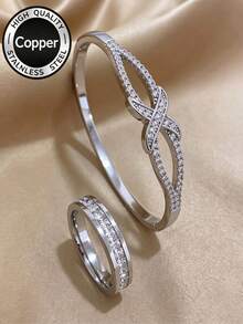 Gold Copper Bracelet & Stainless Steel Ring Set, Bow Design Bracelet With Single Row Inlaid Ring, Elegant And Sophisticated, Suitable For Various Occasions - Gold - View 6