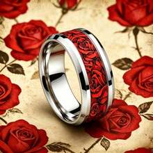 Vintage Red Rose Stainless Steel Ring, 8mm Wide, Made Of Stainless Steel, Romantic Elegant Style, Couples' Ring For Men And Women - Silver and Red Rose Stainless Steel Ring - View 5