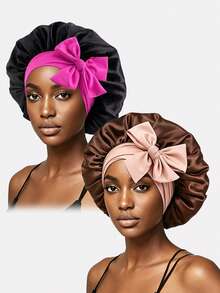 2pcs Women's Elastic Satin Sleep Bonnet With Ribbon, Dual Color Adjustable Knot Hair Protection Headwrap Cap For Daily Use - Black Coffee - View 34