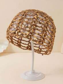 1pc Women's Spring/Summer Lightweight Hollow Sequin Decorated Hand-Woven Hat, Suitable For Spring/Summer/Autumn Daily Outdoor Wear, Sequin, Suitable For Festivals, Travel Occasions - A-large Mesh - View 9