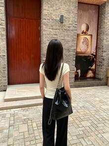 女款夏季短袖 T 恤，船領設計，修身版型，優雅米色針織上衣，休閒風格 - 杏色 - 查看 6